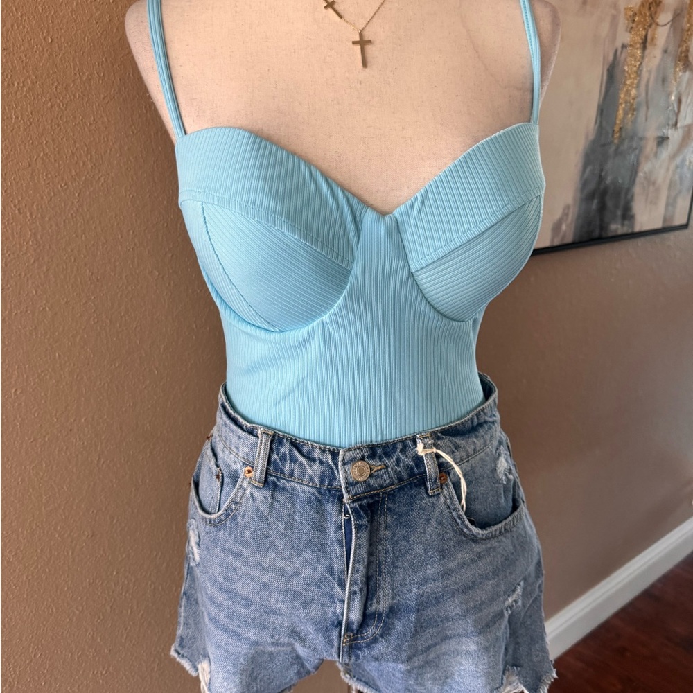 Light Blue Ribbed Bodysuit - Picture 3 of 8